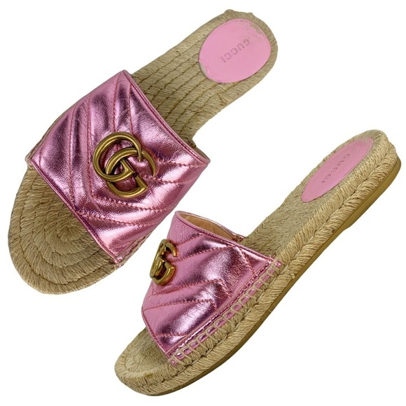 GUCCI Calfskin Matelasse GG Marmont Espadrilles Silde Sandals Metallic Pink 39